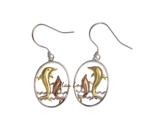 925 Sterling Silver Hawaiian Tricolor Plated Dolphin in Oval Wave Hook Earrings