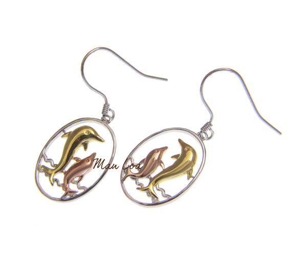 925 Sterling Silver Hawaiian Tricolor Plated Dolphin in Oval Wave Hook Earrings