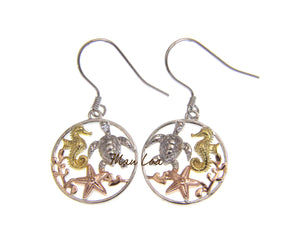 925 Silver Hawaiian Tricolor Sea Turtle Seahorse Starfish Circle Hook Earrings
