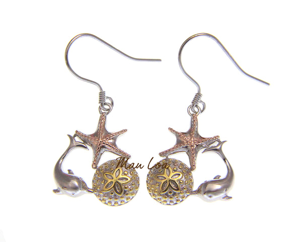 925 Sterling Silver Hawaiian Tricolor Dolphin Starfish Sand Dollar Hook Earrings