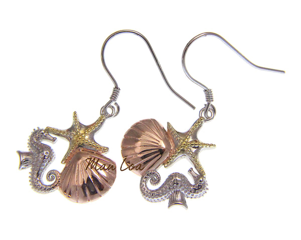 925 Sterling Silver Hawaiian Tricolor Starfish Shell Seahorse Hook Earrings