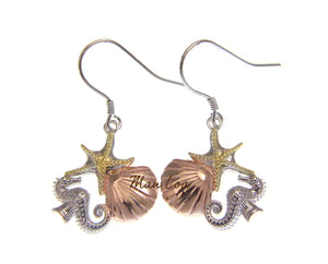 925 Sterling Silver Hawaiian Tricolor Starfish Shell Seahorse Hook Earrings