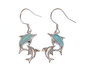 925 Sterling Silver Natural Larimar Hawaiian Double Dolphin Hook Dangle Earrings