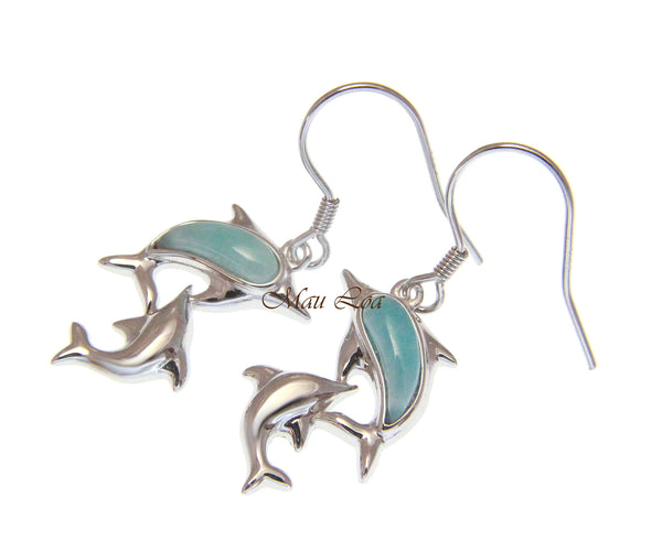 925 Sterling Silver Natural Larimar Hawaiian Double Dolphin Hook Dangle Earrings