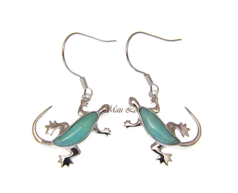 925 Sterling Silver Natural Blue Larimar Hawaiian Gecko Hook Dangle Earrings