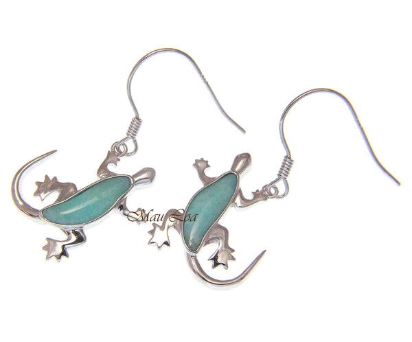 925 Sterling Silver Natural Blue Larimar Hawaiian Gecko Hook Dangle Earrings