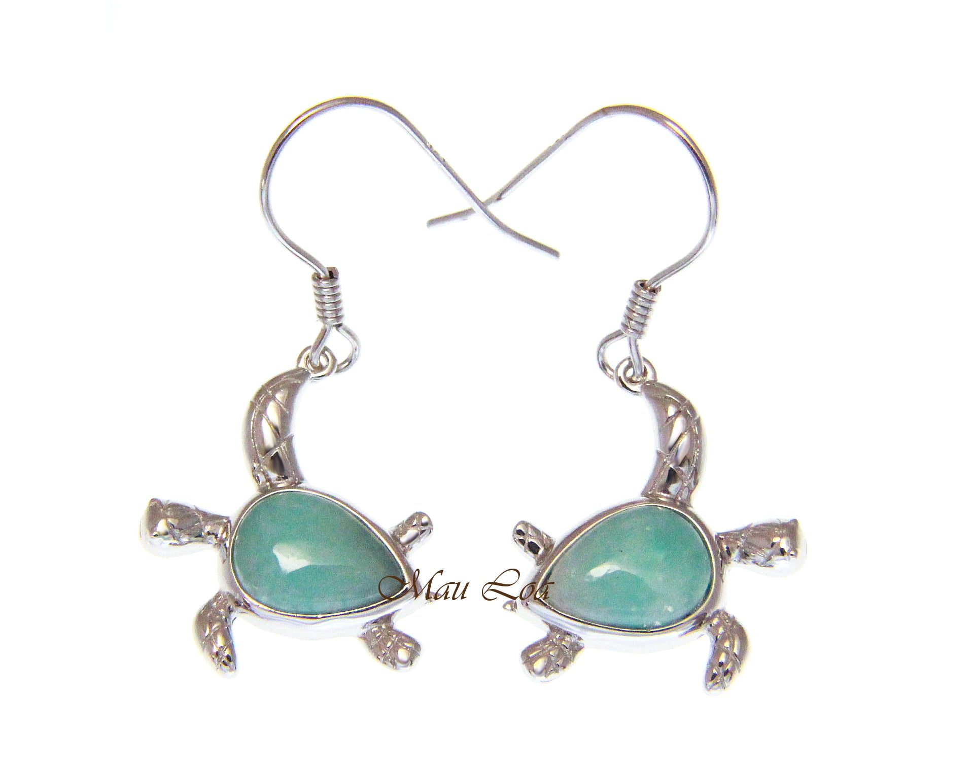 925 Sterling Silver Natural Larimar Hawaiian Honu Turtle Hook Dangle Earrings