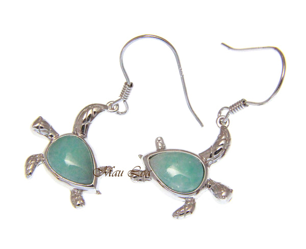 925 Sterling Silver Natural Larimar Hawaiian Honu Turtle Hook Dangle Earrings