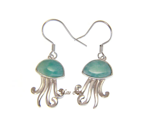 925 Sterling Silver Hawaiian Jellyfish Natural Blue Larimar Hook Dangle Earrings
