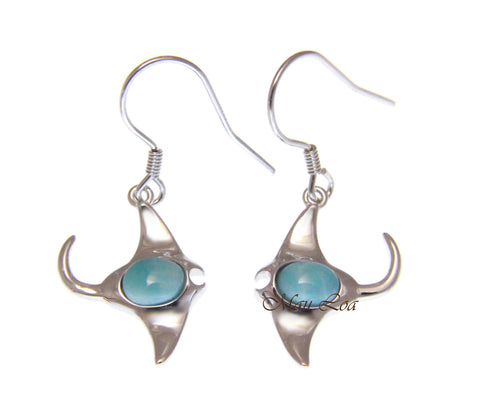 925 Sterling Silver Natural Larimar Hawaiian Manta Ray Fish Hook Dangle Earrings