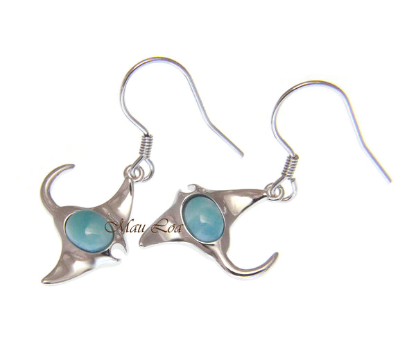 925 Sterling Silver Natural Larimar Hawaiian Manta Ray Fish Hook Dangle Earrings
