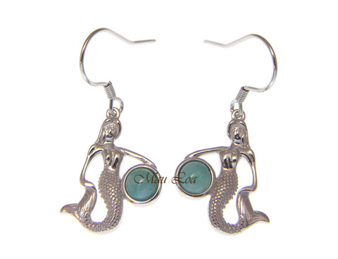 925 Sterling Silver Hawaiian Mermaid Natural Blue Larimar Hook Dangle Earrings