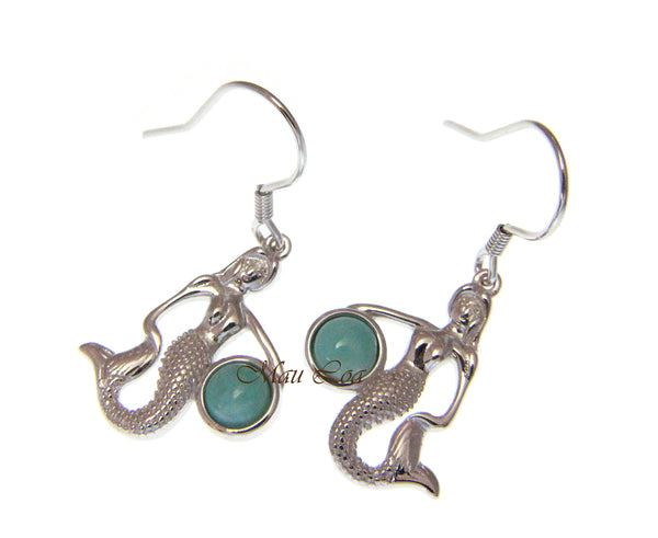 925 Sterling Silver Hawaiian Mermaid Natural Blue Larimar Hook Dangle Earrings