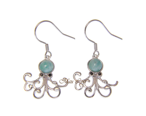 925 Sterling Silver Natural Larimar Hawaiian Octopus CZ Eye Hook Dangle Earrings