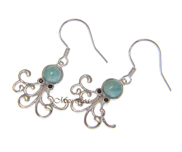 925 Sterling Silver Natural Larimar Hawaiian Octopus CZ Eye Hook Dangle Earrings