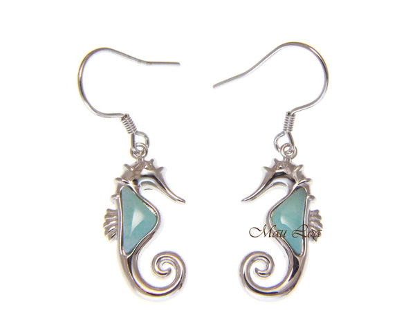 925 Sterling Silver Hawaiian Seahorse Natural Blue Larimar Hook Dangle Earrings