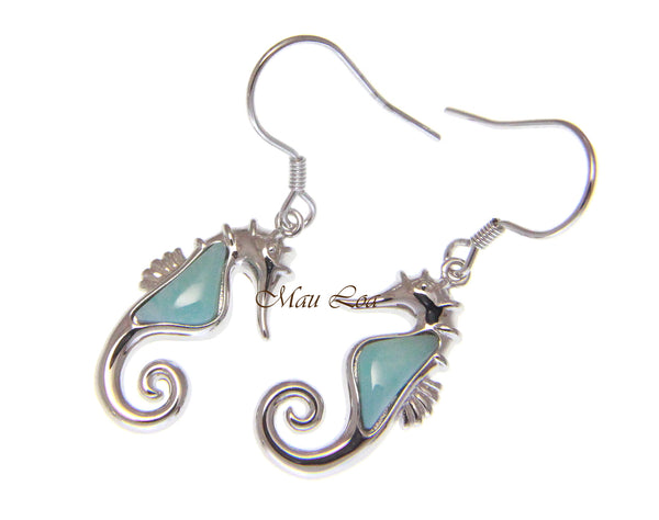 925 Sterling Silver Hawaiian Seahorse Natural Blue Larimar Hook Dangle Earrings
