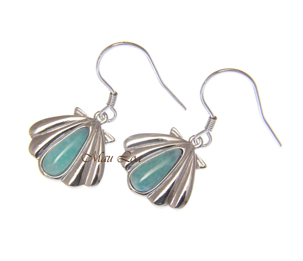 925 Sterling Silver Natural Larimar Hawaiian Sunrise Shell Hook Dangle Earrings