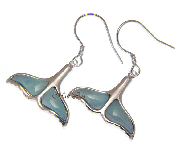 925 Sterling Silver Hawaiian Whale Tail Natural Larimar Hook Dangle Earrings