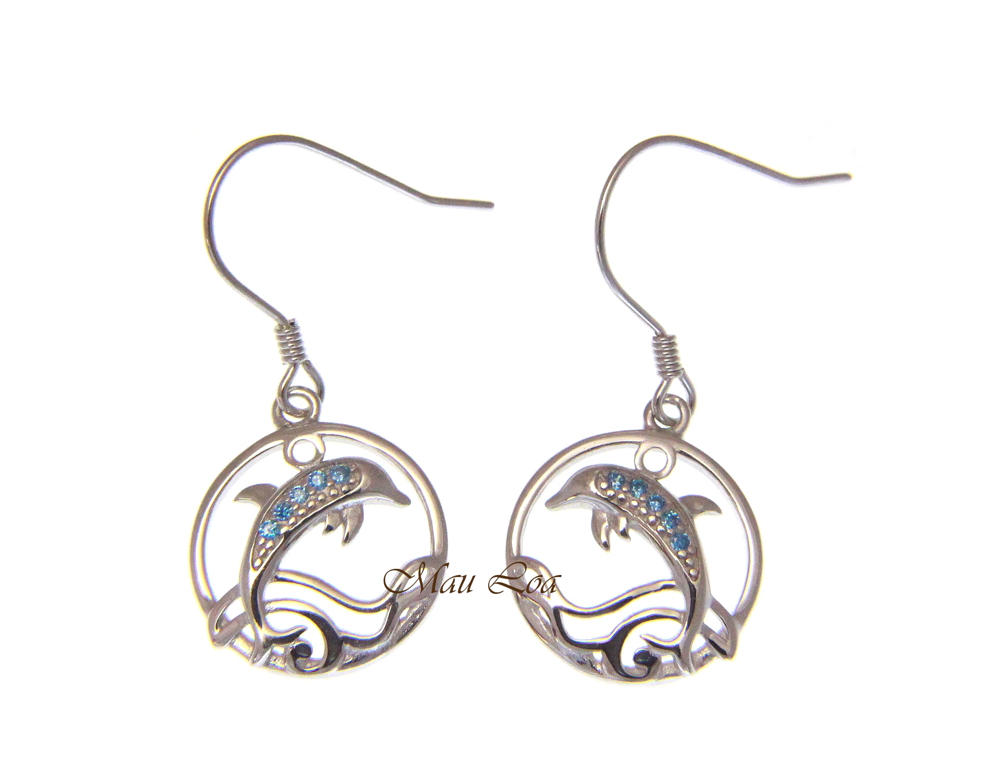 925 Sterling Silver Blue Topaz Hawaiian Dolphin Ocean Wave Wire Hook Earrings