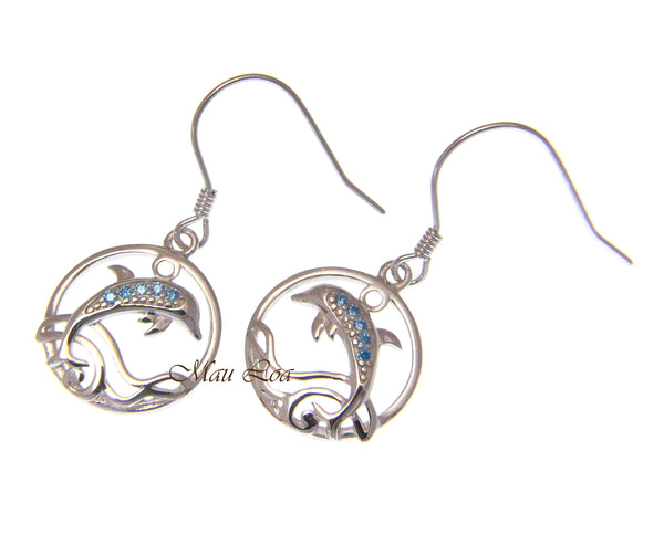 925 Sterling Silver Blue Topaz Hawaiian Dolphin Ocean Wave Wire Hook Earrings