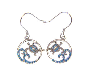 925 Sterling Silver Blue Topaz Hawaiian Honu Turtle Ocean Wave Hook Earrings