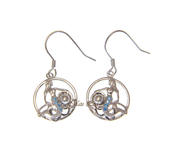 925 Sterling Silver Blue Topaz Hawaiian Mermaid Pearl Shell Wire Hook Earrings