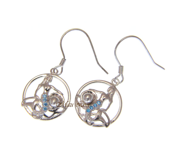 925 Sterling Silver Blue Topaz Hawaiian Mermaid Pearl Shell Wire Hook Earrings
