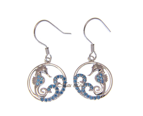 925 Sterling Silver Blue Topaz Hawaiian Seahorse Ocean Wave Wire Hook Earrings