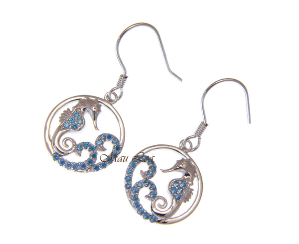 925 Sterling Silver Blue Topaz Hawaiian Seahorse Ocean Wave Wire Hook Earrings