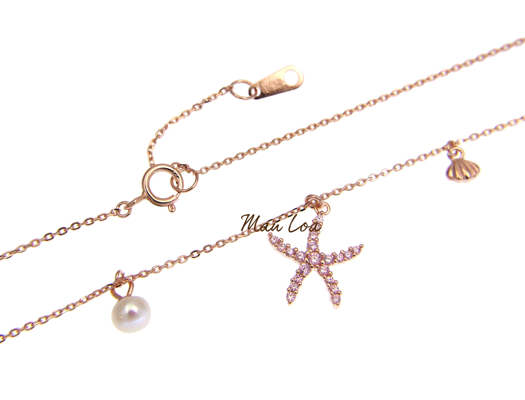 925 Silver Rose Gold Hawaiian Starfish CZ Pearl Necklace Chain Included 16+1"