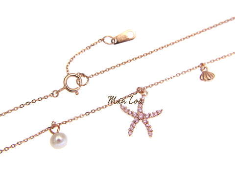 925 Silver Rose Gold Hawaiian Starfish CZ Pearl Necklace Chain Included 16+1"