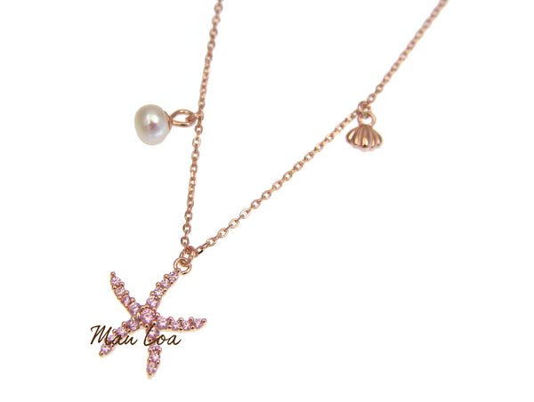 925 Silver Rose Gold Hawaiian Starfish CZ Pearl Necklace Chain Included 16+1"