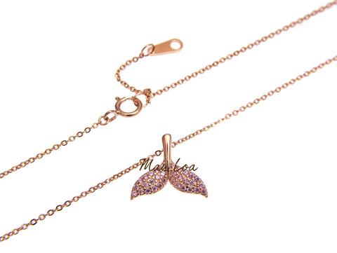 925 Silver Rose Gold Plated Hawaiian Whale Tail CZ Necklace Chain Included 16+1"