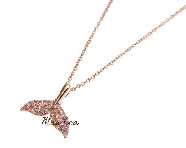 925 Silver Rose Gold Plated Hawaiian Whale Tail CZ Necklace Chain Included 16+1"