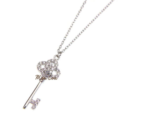 925 Sterling Silver Key Clear CZ Cubic Zirconia Necklace Chain Included 16+1"