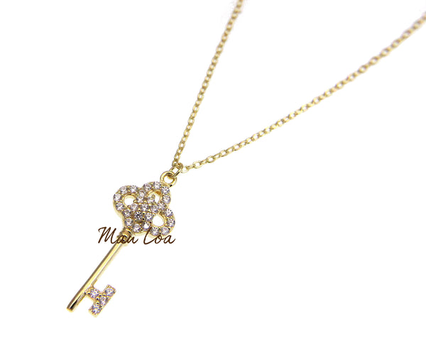 925 Sterling Silver Yellow Gold Plated Key CZ Necklace Chain Included 16+1"