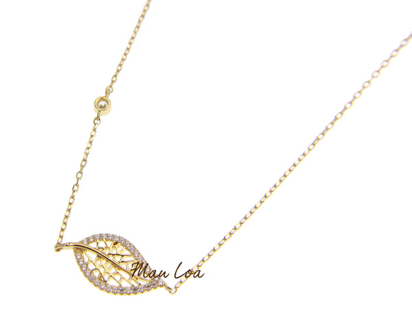 925 Sterling Silver Yellow Gold Hawaiian Leaf CZ Necklace Chain Included 16+2"
