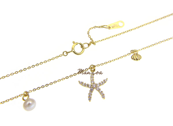 925 Silver Yellow Gold Hawaiian Starfish CZ Pearl Necklace Chain Included 16+1"