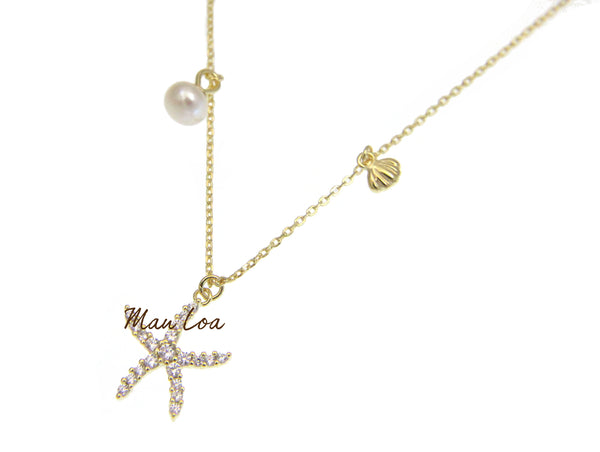 925 Silver Yellow Gold Hawaiian Starfish CZ Pearl Necklace Chain Included 16+1"