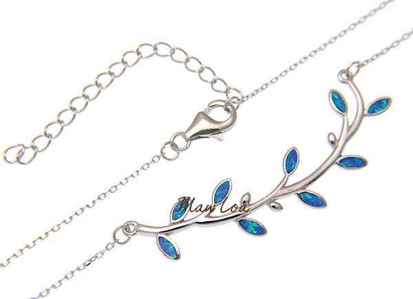 925 Sterling Silver Hawaiian Maile Leaf Blue Opal Necklace Chain Included 16"+2"