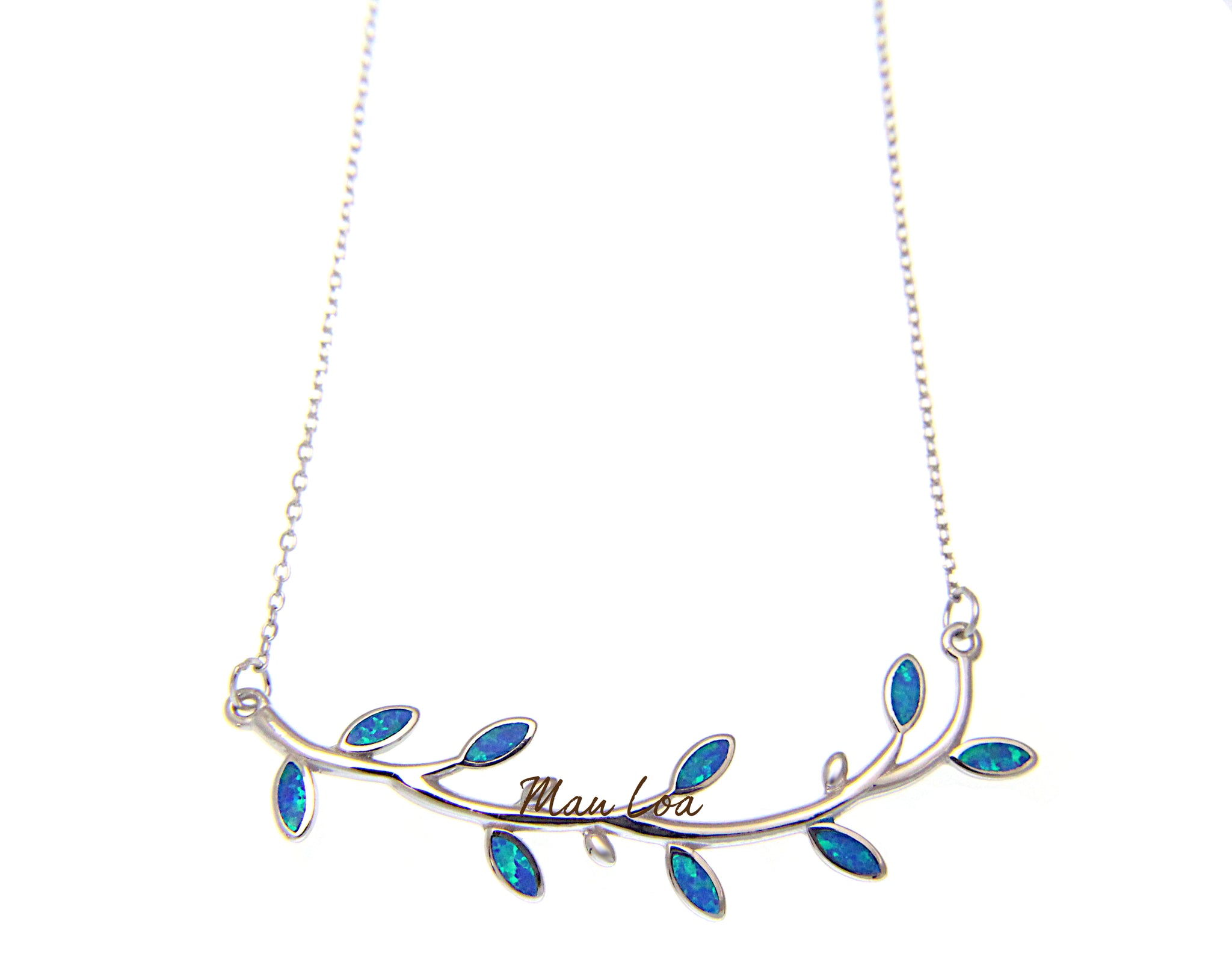 925 Sterling Silver Hawaiian Maile Leaf Blue Opal Necklace Chain Included 16"+2"