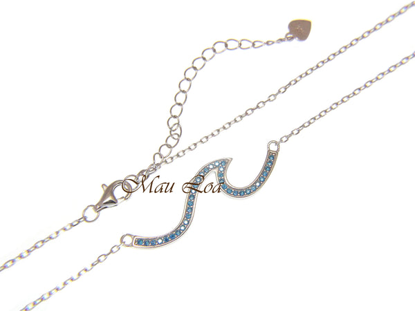 925 Sterling Silver Hawaiian Ocean Wave Blue Topaz Necklace Chain Included 16+2"