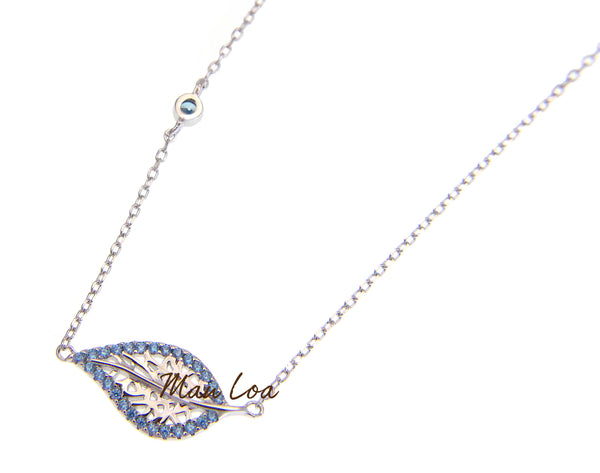 925 Sterling Silver Hawaiian Leaf Blue Topaz Necklace Chain Included 16+2"