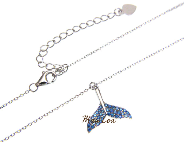 925 Sterling Silver Hawaiian Whale Tail Blue Topaz Necklace Chain Included 16+1"