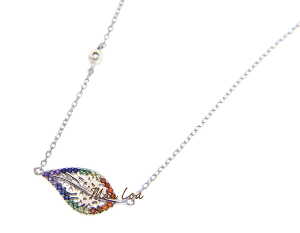 925 Sterling Silver Hawaiian Leaf Multi Color CZ Necklace Chain Included 16+2"
