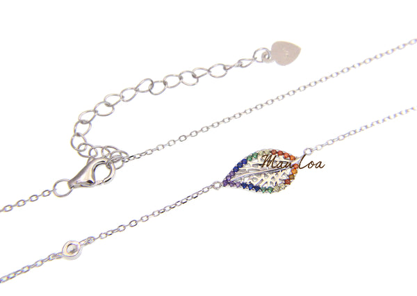 925 Sterling Silver Hawaiian Leaf Multi Color CZ Necklace Chain Included 16+2"