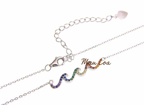 925 Sterling Silver Hawaiian Ocean Wave Multi CZ Necklace Chain Included 16+2"