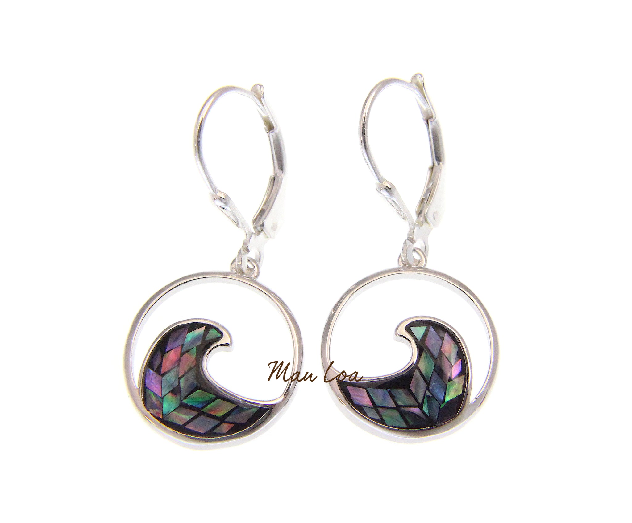 925 Sterling Silver Hawaiian Ocean Wave Abalone Paua Shell Leverback Earrings