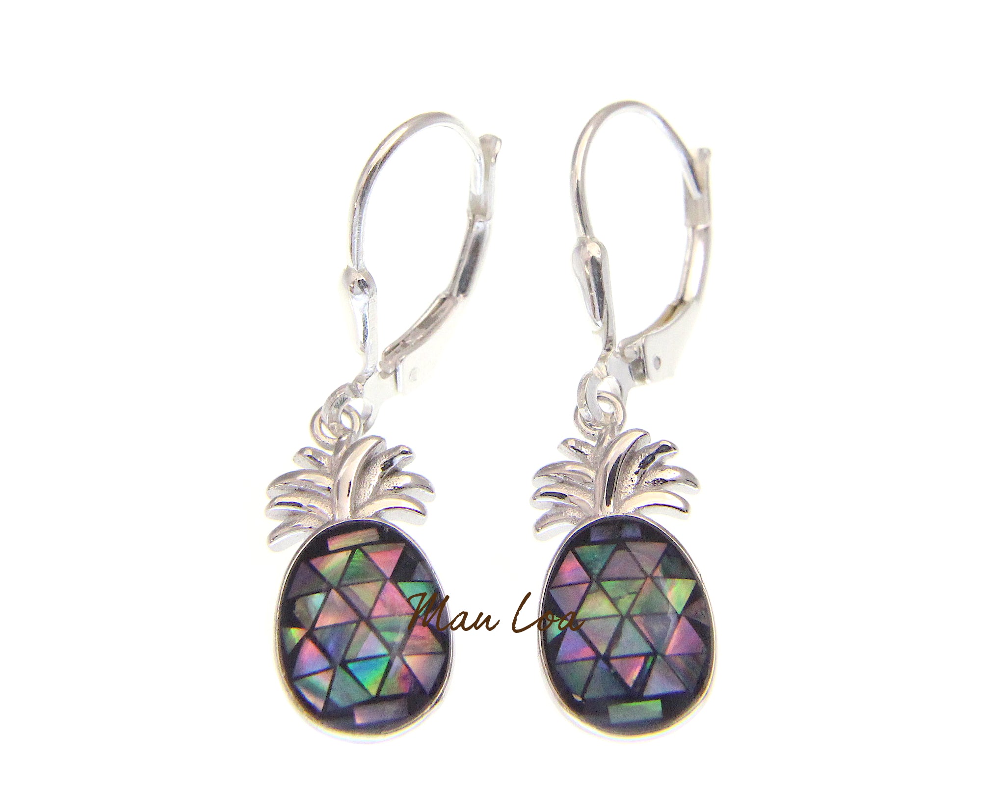 925 Sterling Silver Hawaiian Pineapple Abalone Paua Shell Leverback Earrings